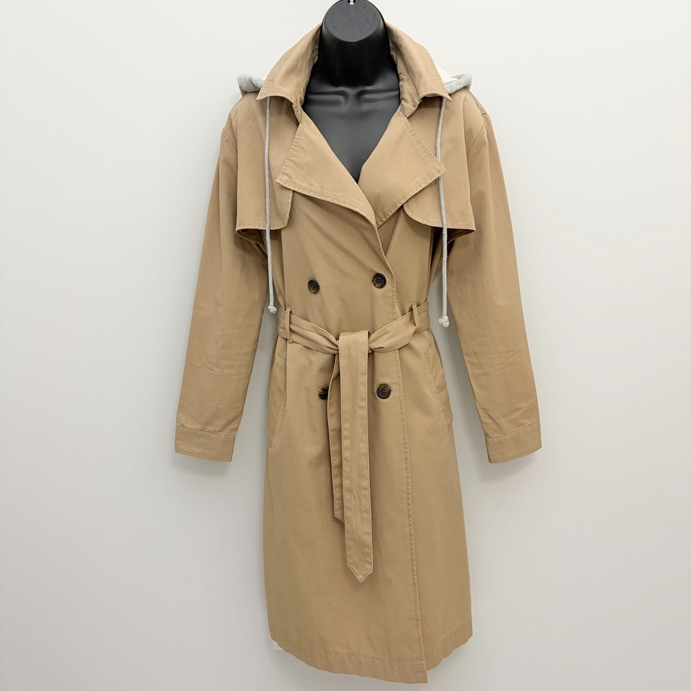 POPSUGAR Trench Coat Hooded Double Breasted Belted Small Tan